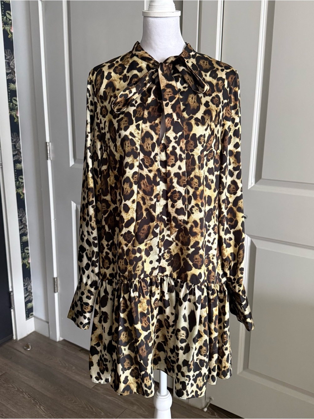 Alexis Silky Leopard Print Long Sleeve Drop Waist Mini Dress Size M